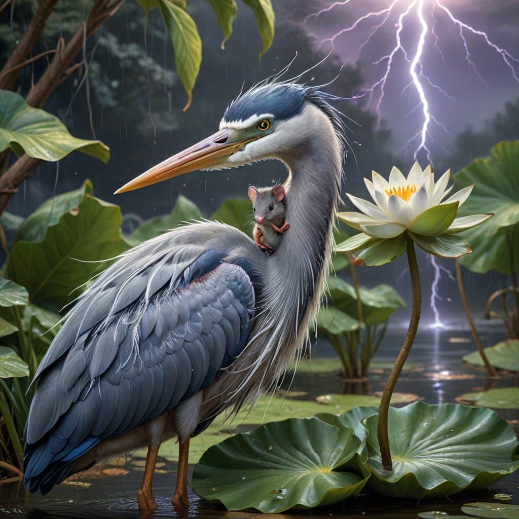Heron Shelters Mouse Under Lily Pad During Storm