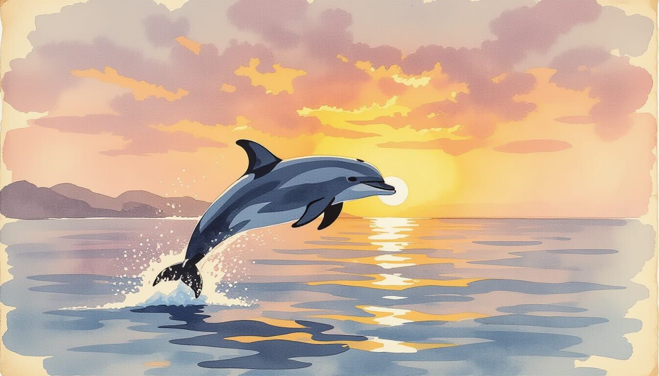 Dolphin Breaching at Sunset in Watercolor