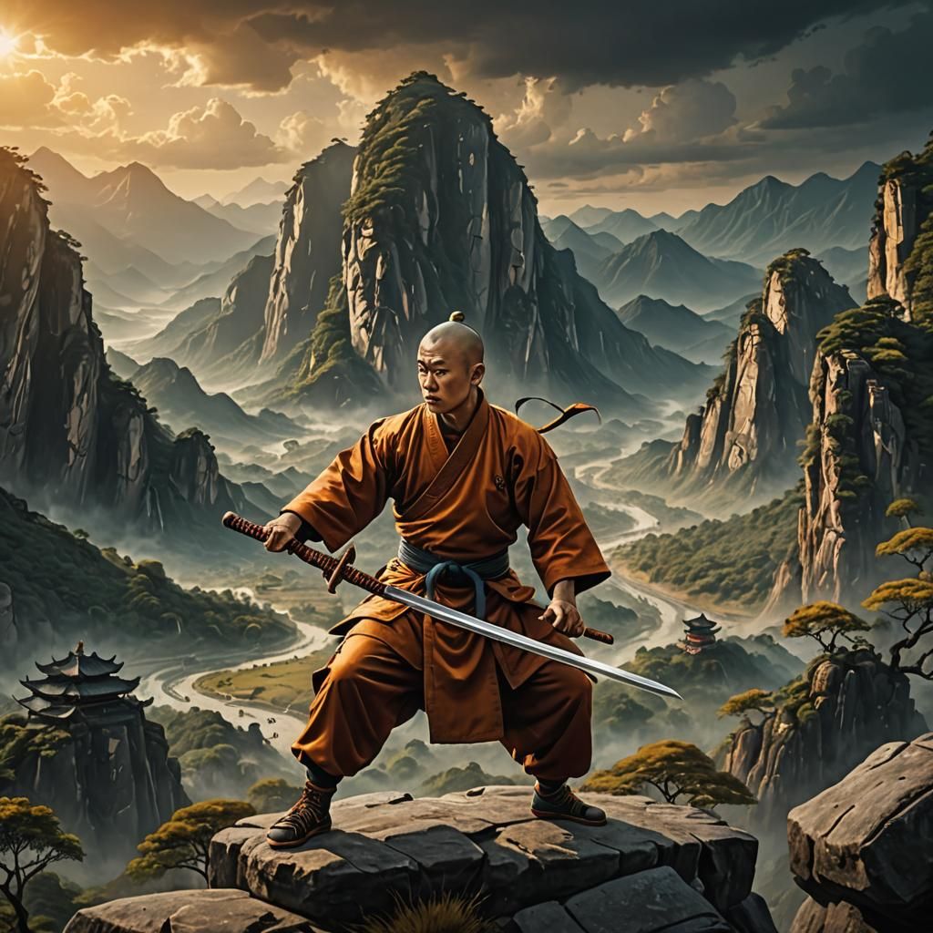 Shaolin Monk Sword Practice in Wudang Mountains