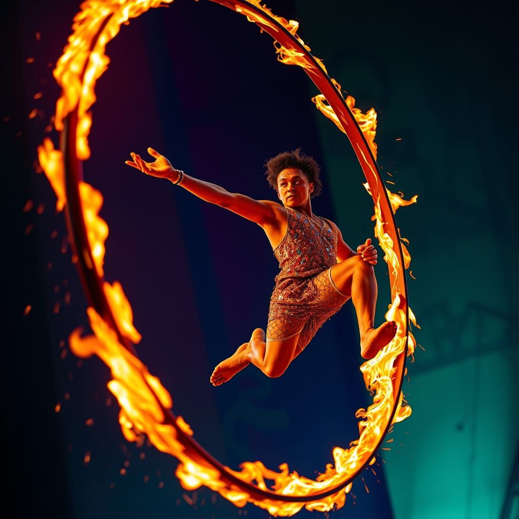 Cinematic Circus Acrobat Soars Through a Blazing Hoop in Mid...