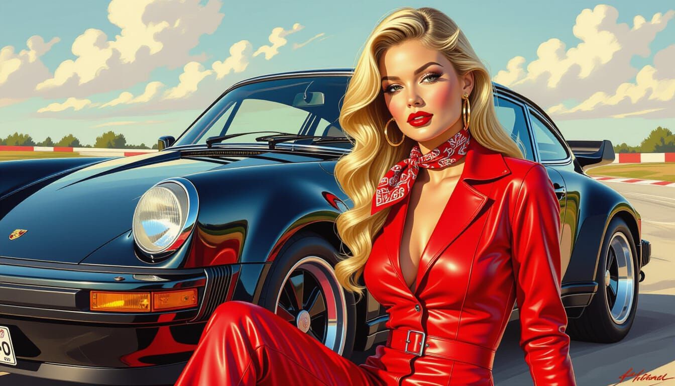 1970s Pinup Model Poses with Vintage Porsche