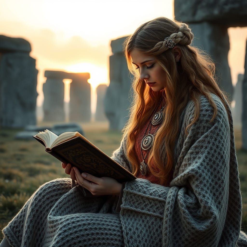 Nordic Priestess in Stonehenge Dawn, Illuminated by Soft Lig...
