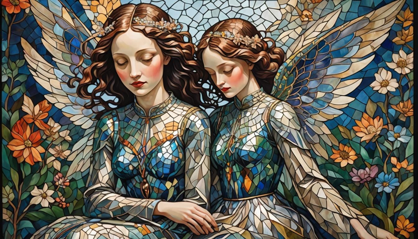 Iridescent Woman with Wings in Stained Glass Mosaic