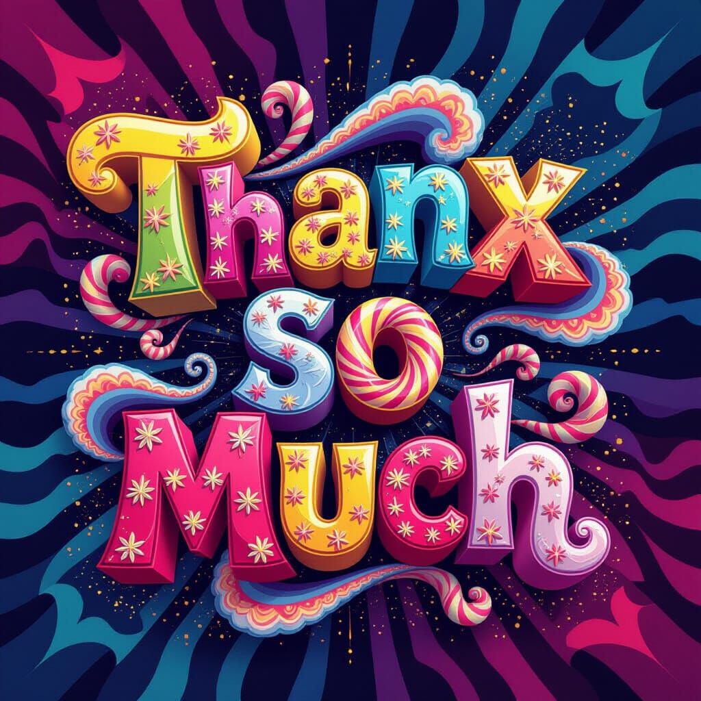 Whimsical Candyland "THANX SO MUCH" Lettering in Abstract Fr...