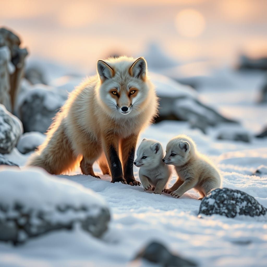 Arctic Fox Mother Tenderly Watches Over Her Adorable Cubs in...
