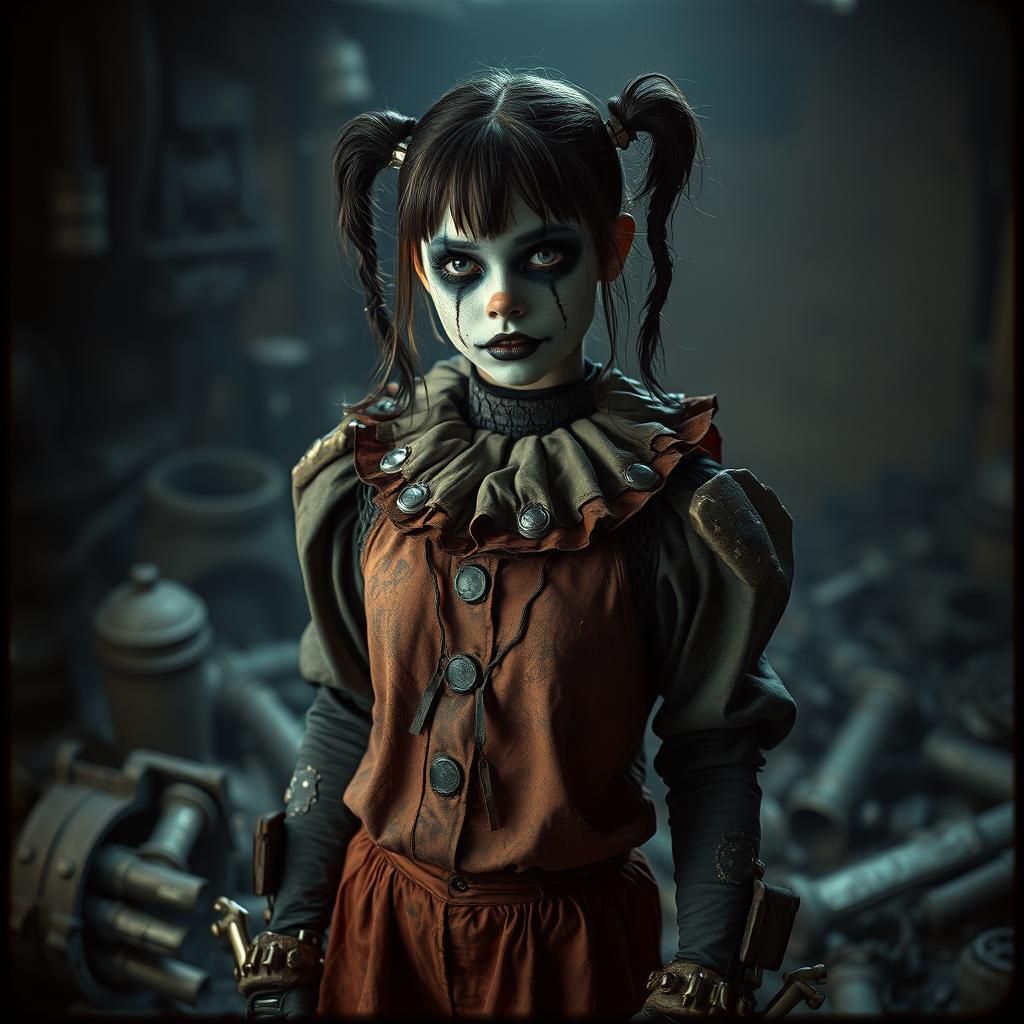 Distressed Cyborg Clown in Gritty Film Still