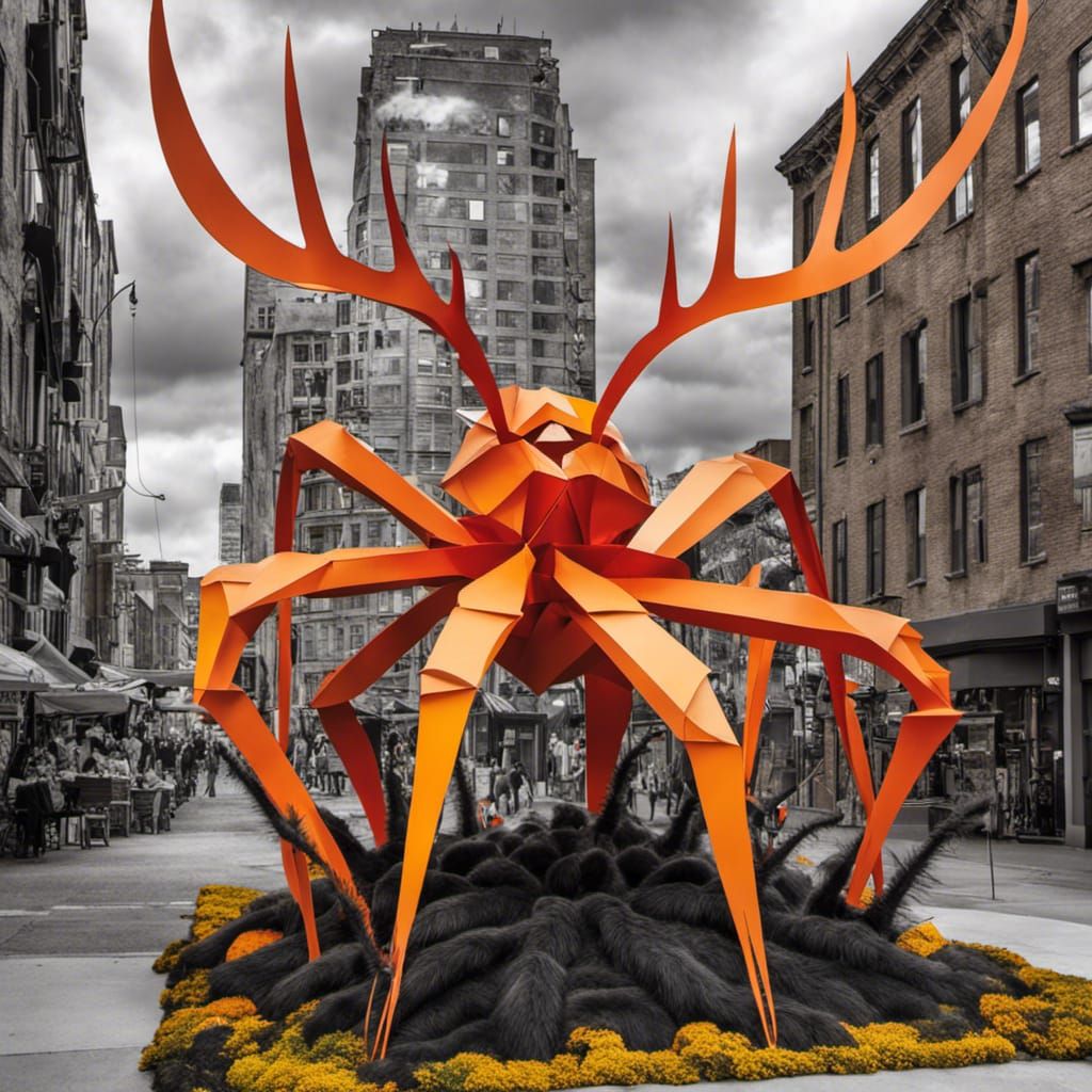 Halloween spiders, Giant origami Black spiders, spider kaiju creature with antlers, black jackalope horns, spiders webs,...