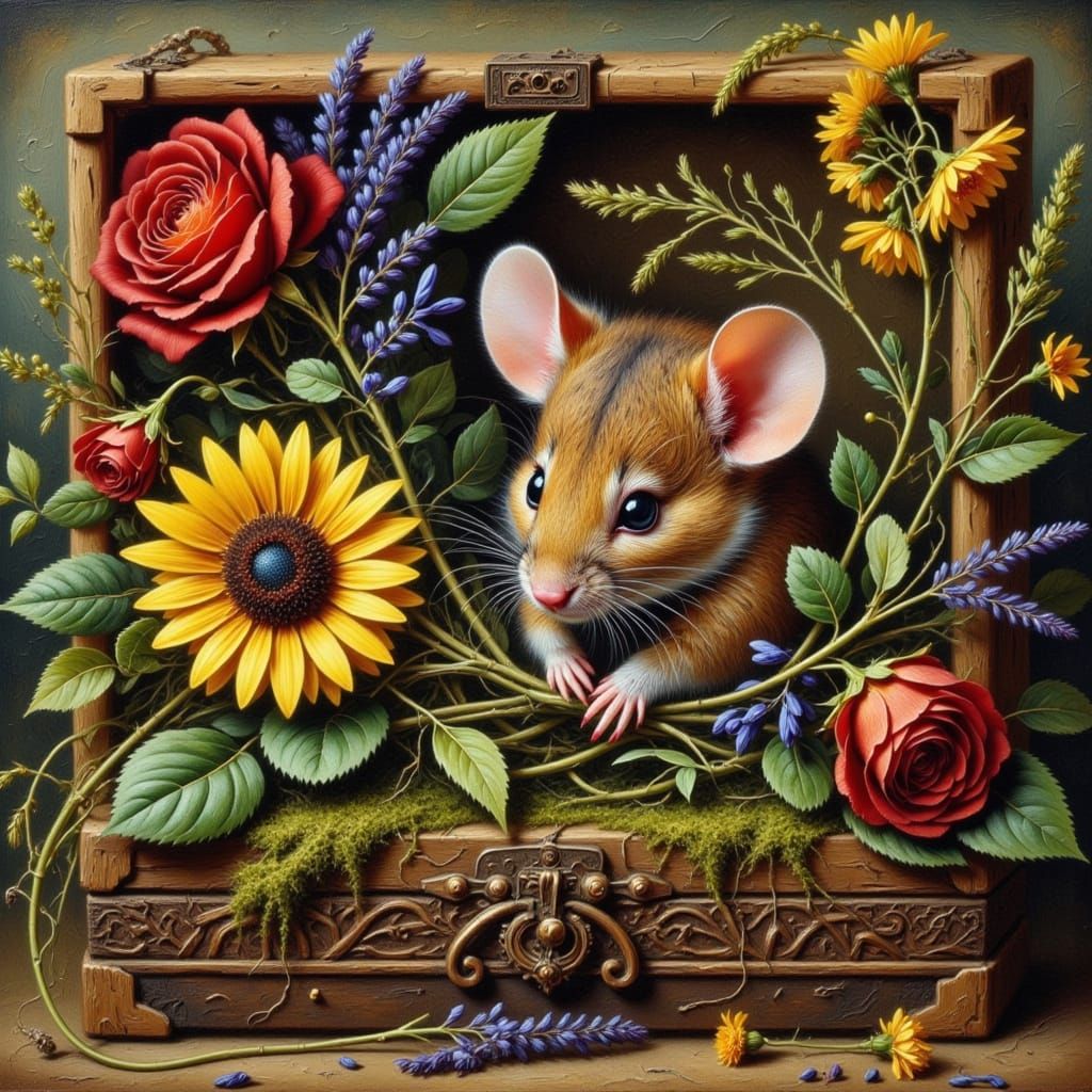 Mouse in Whimsical Wooden Box Wonderland