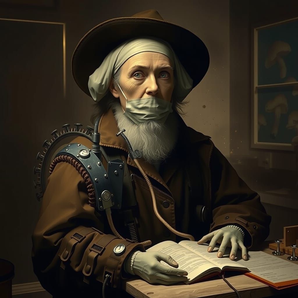 Surreal Mushroom Lab with Scientist, Hyperreal Style