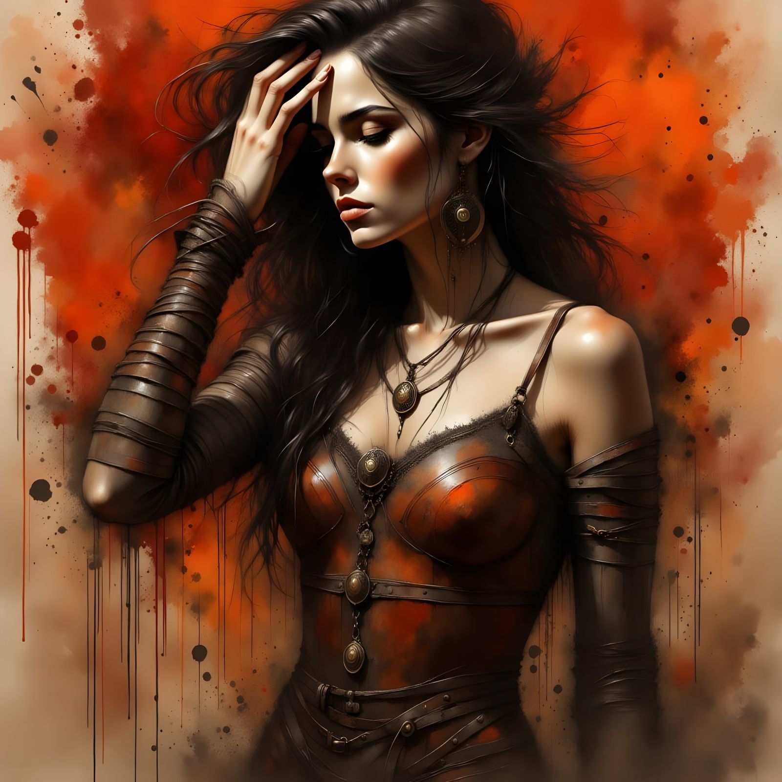 Norse Goddess Portrait in Charcoal Ink Drip Style