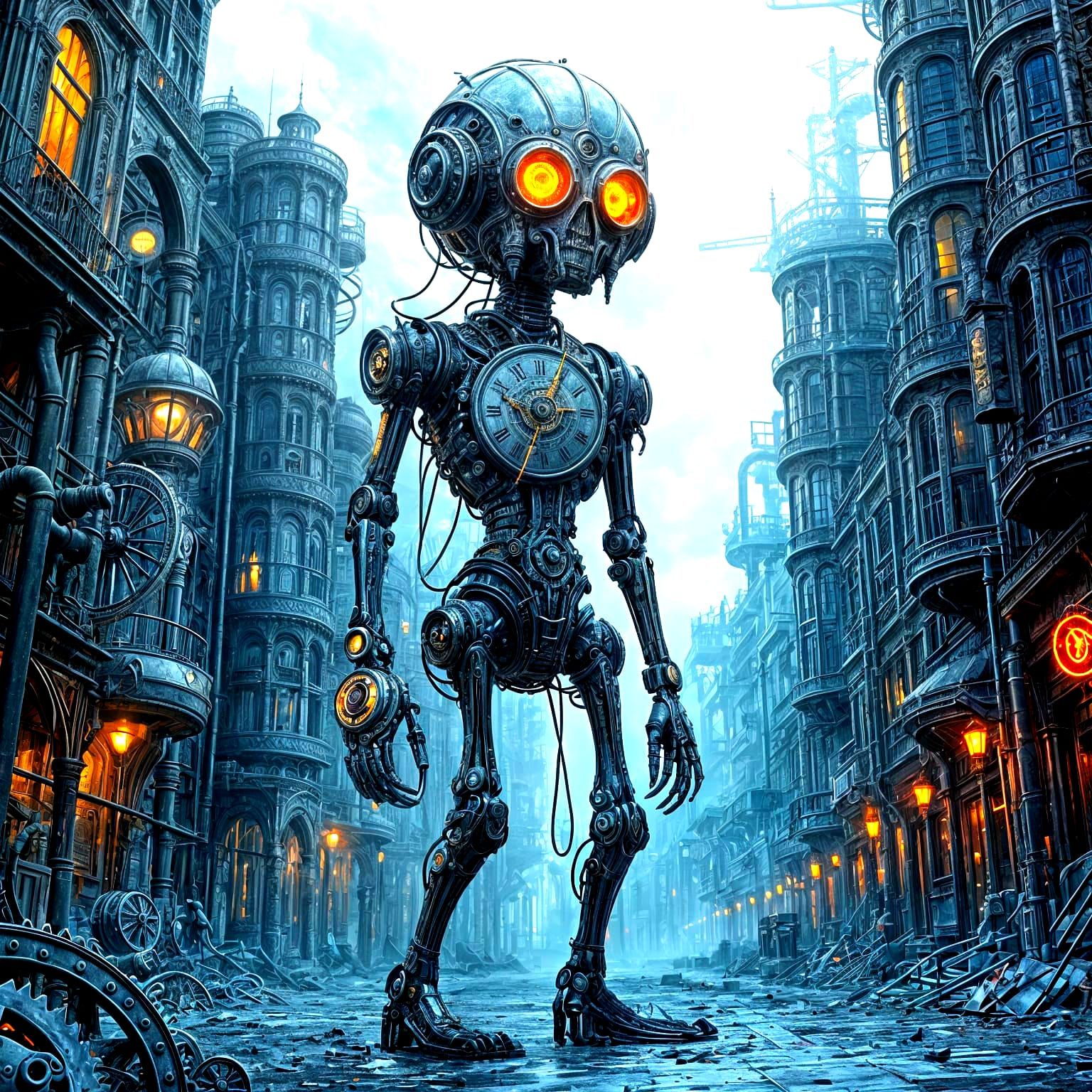 Steampunk Clockwork Humanoid in Surreal Cityscape