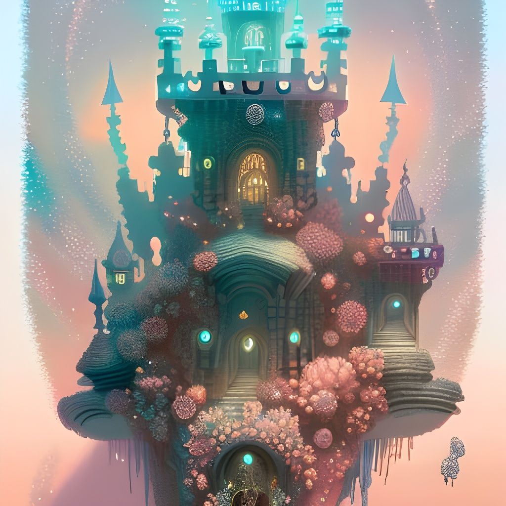 Underwater Coral Castle with Bioluminescent Marine Life