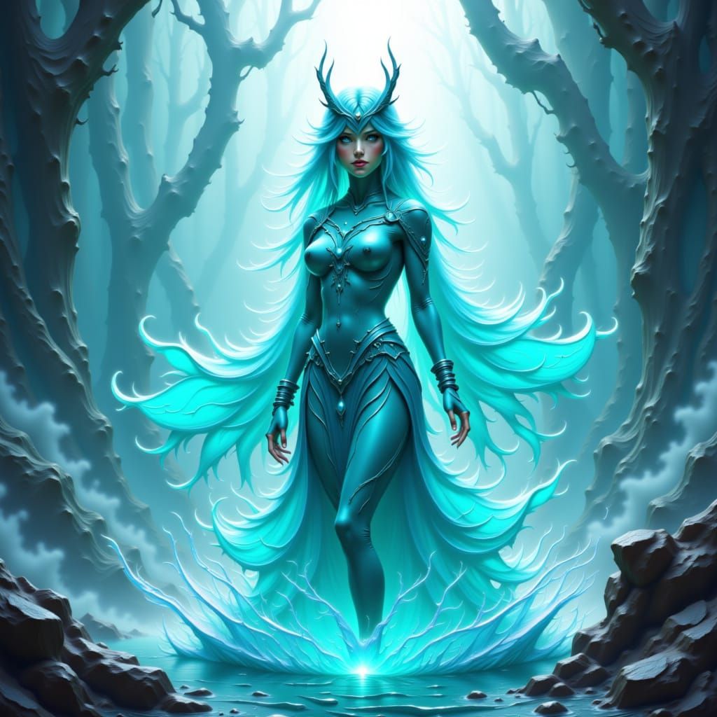 Water Elemental Splashing in Dreamy Ocean Landscape