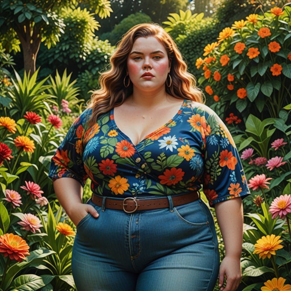 Confident Obese Model Posing in Lush Garden Oil Painting