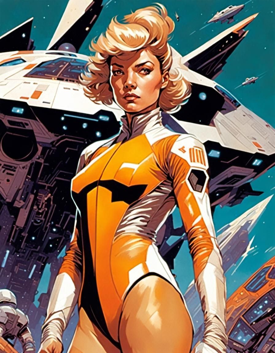 Retro Sci-Fi Cat-Woman near Crashed Starship