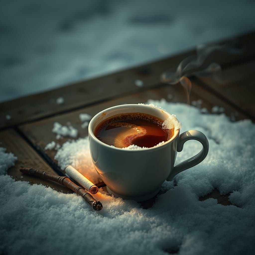 Steaming Coffee in Snowy Winter Scene with Cigarette