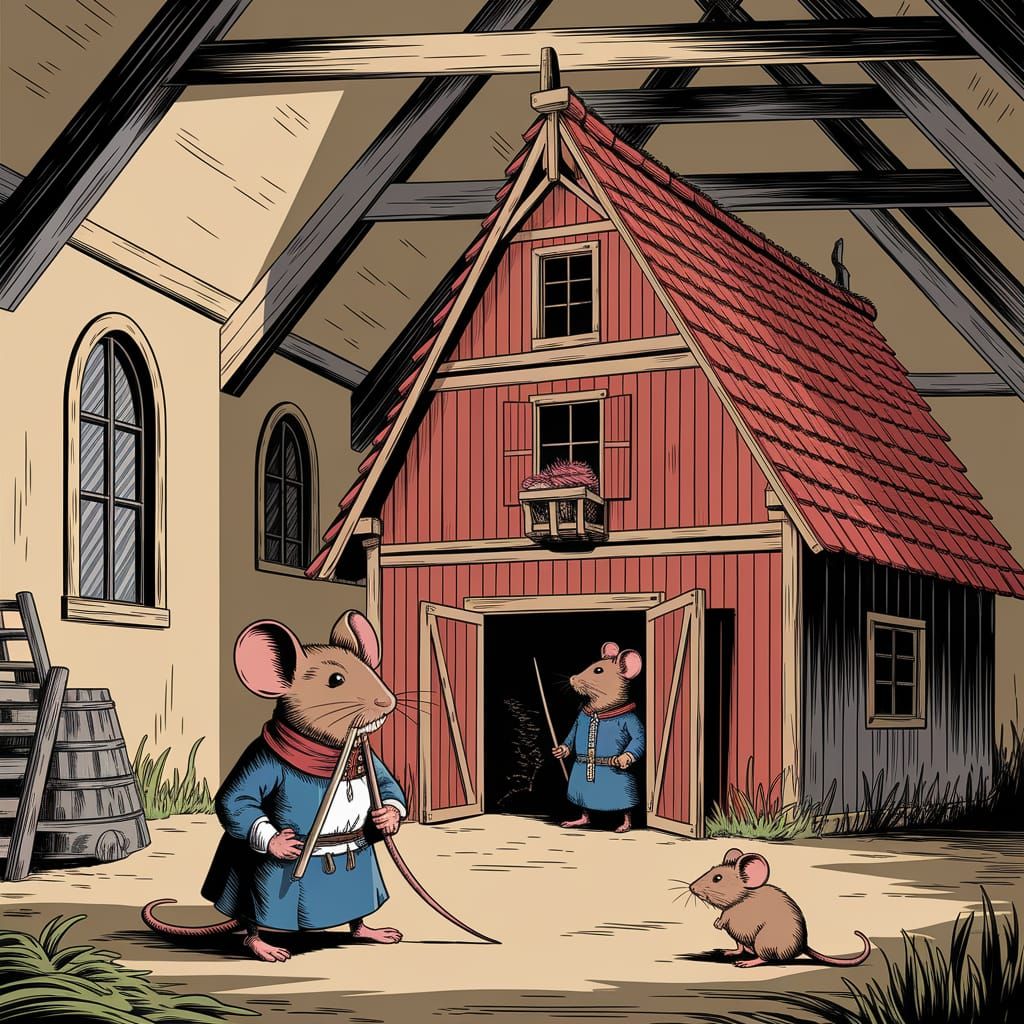 Medieval Mouse in Futuristic Barn, Expressionist Painting