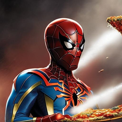 Hyperrealistic Spiderman Mid Shot Eating Pizza