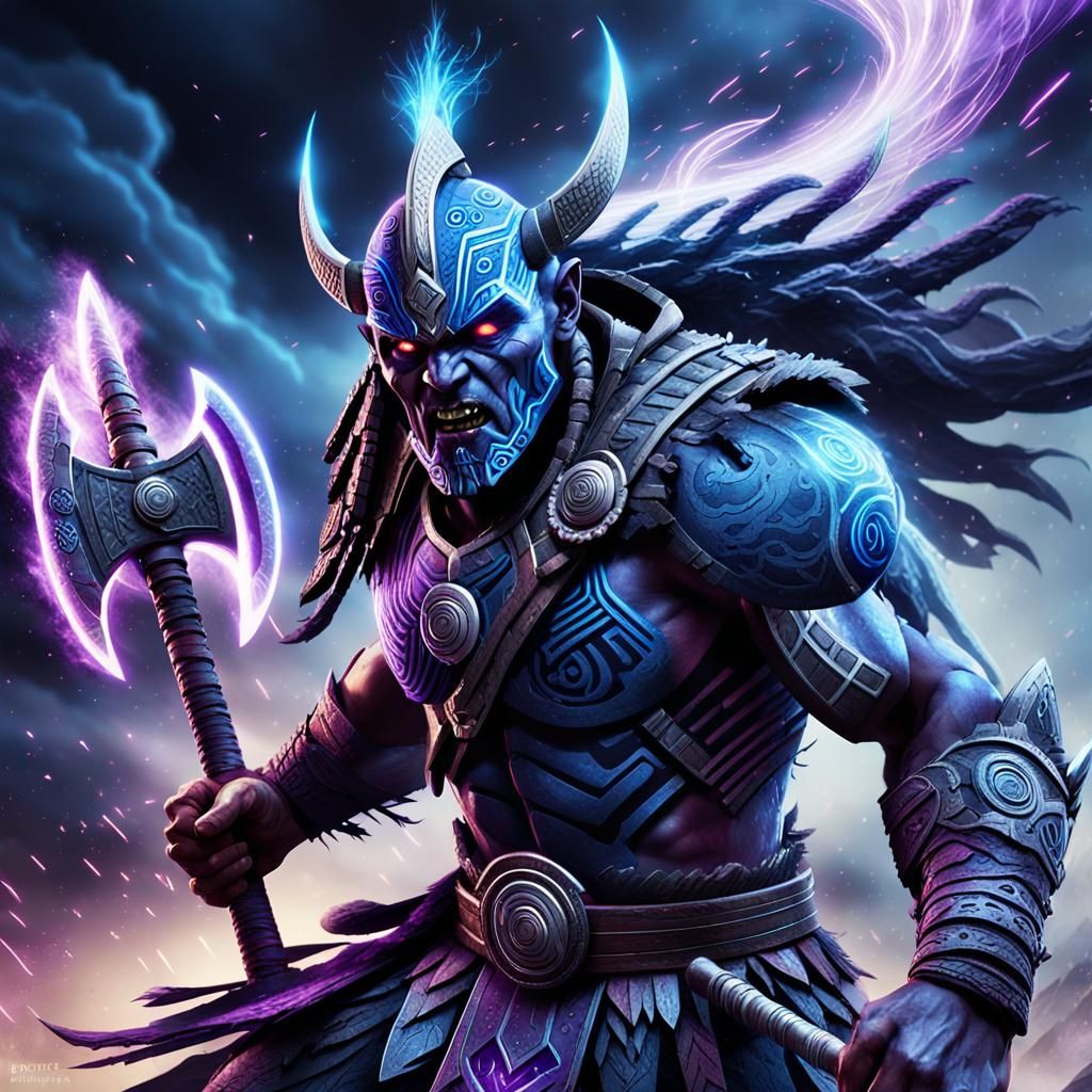 Tribal Warrior with Vulcan Axe in Sci-Fi Battle