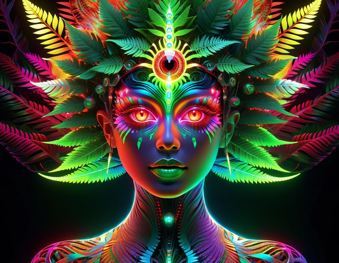 Psychedelic Fractal Face with Third Eye in Neon Colors