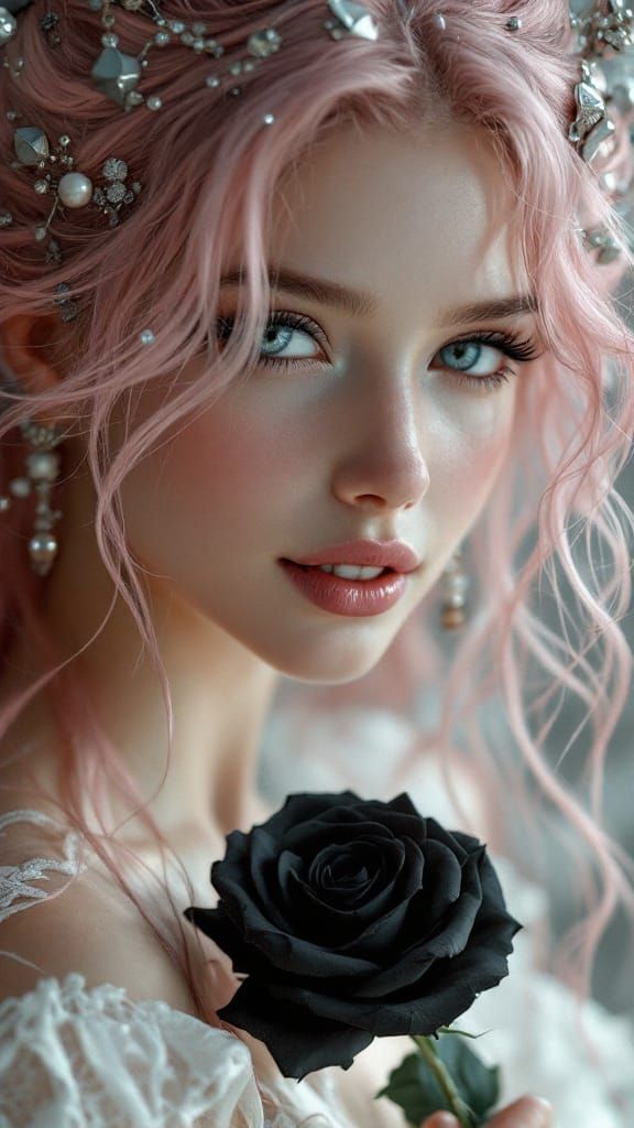 Ethereal Woman with Pink Hair and Black Rose