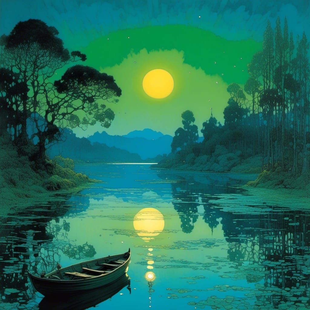 Meticulously Detailed Art Nouveau-Inspired Sunset Scene Over...