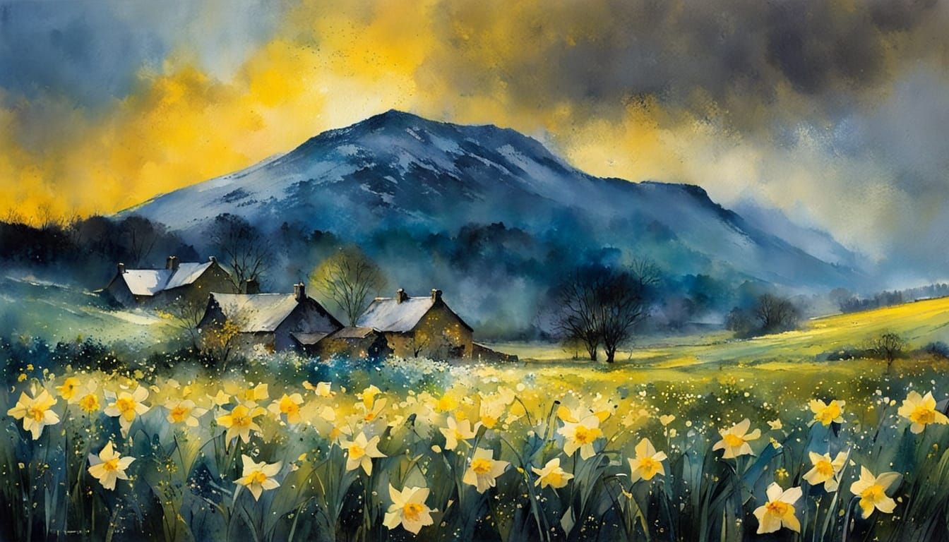 Whimsical Valley Landscape in Intricate Watercolor Style