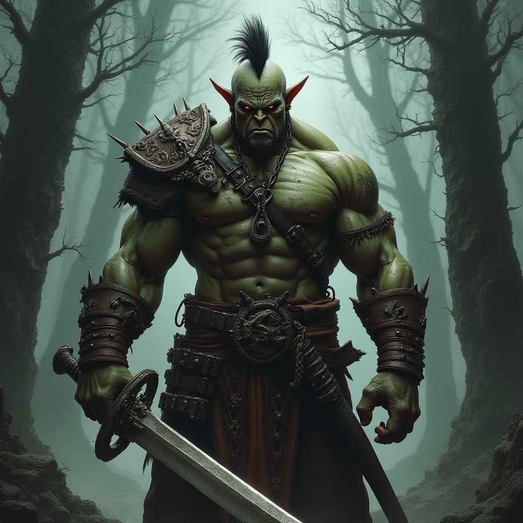 Orc Warrior in Dark Fantasy Forest, Cyberpunk Style