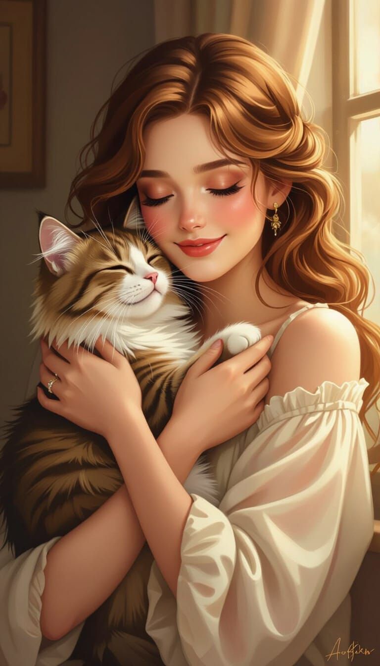 Lady Cradles Loving Cat in Warm Digital Painting