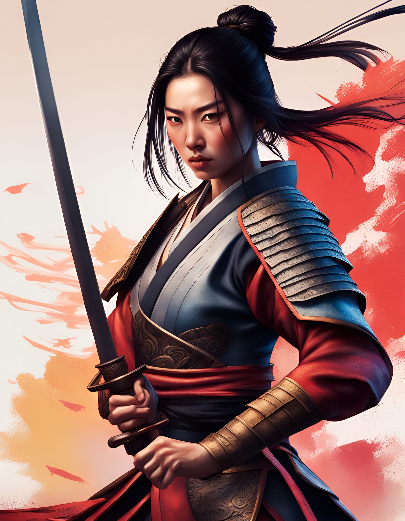 Striking Female Samurai Warrior in Hyperrealistic Style