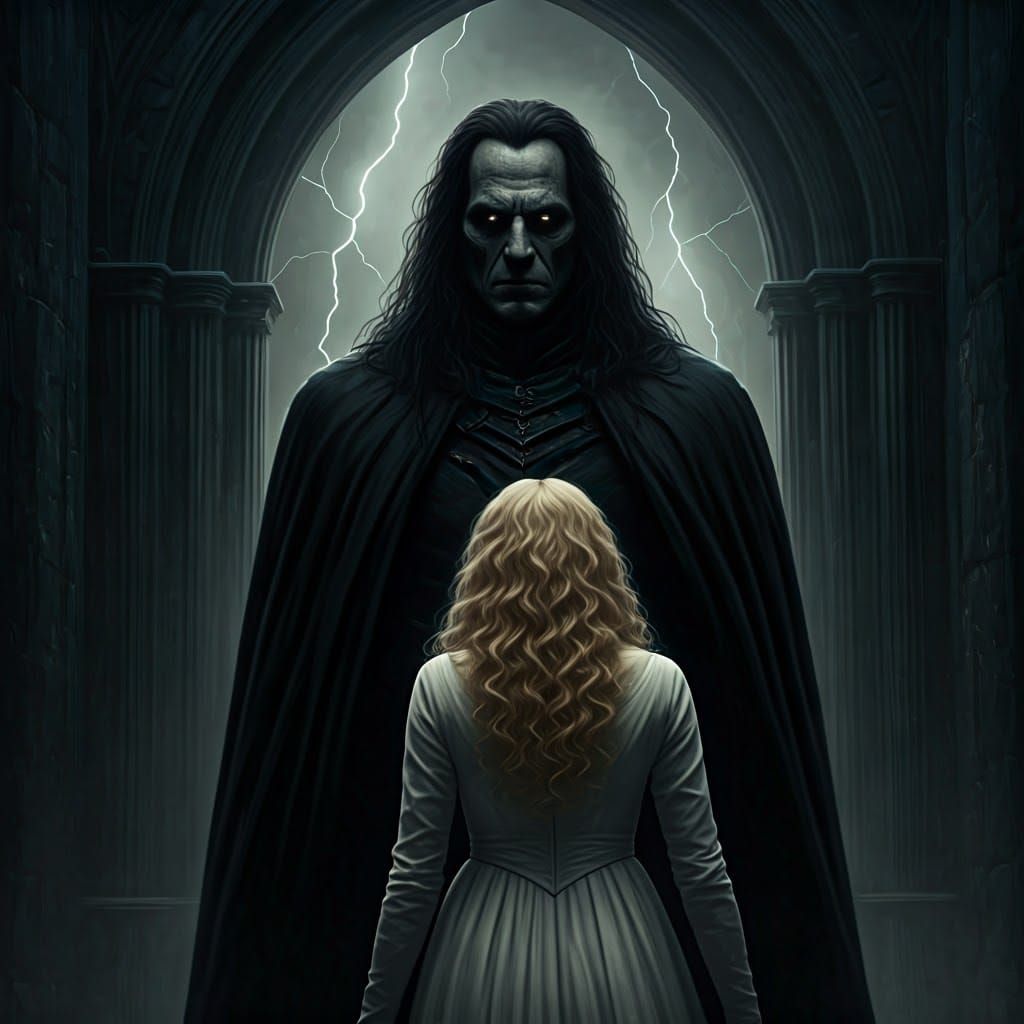 Dark Man in Black Cloak Greets Blonde Woman at Dark Tower En...
