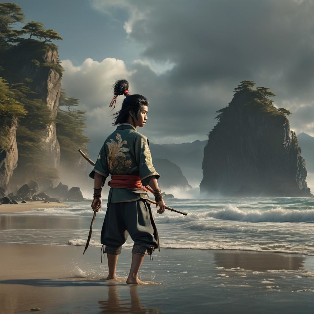 Young Fisherman on Beach in Japanese Painting Style