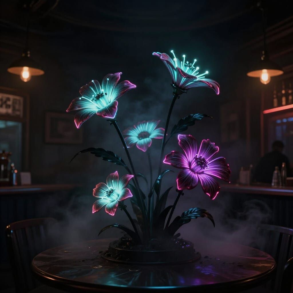 Glowing Neon Flowers in Eerie Retro Pub