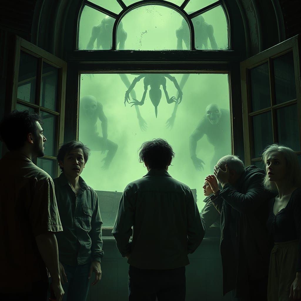 Terrified People Face Malevolent Mist in Dark Surrealism