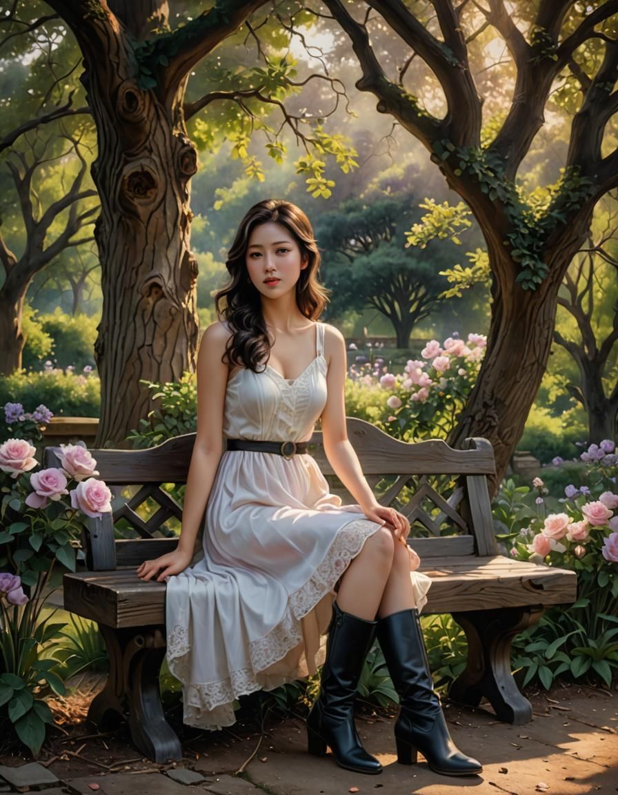 South Korean Woman in Garden, Chiaroscuro Oil Painting