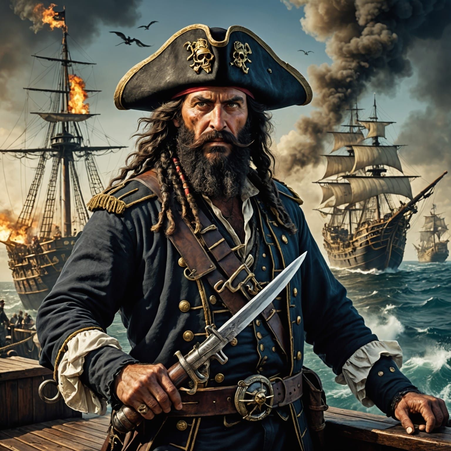 Menacing Blackbeard on Pirate Ship Deck in Fantasy Art