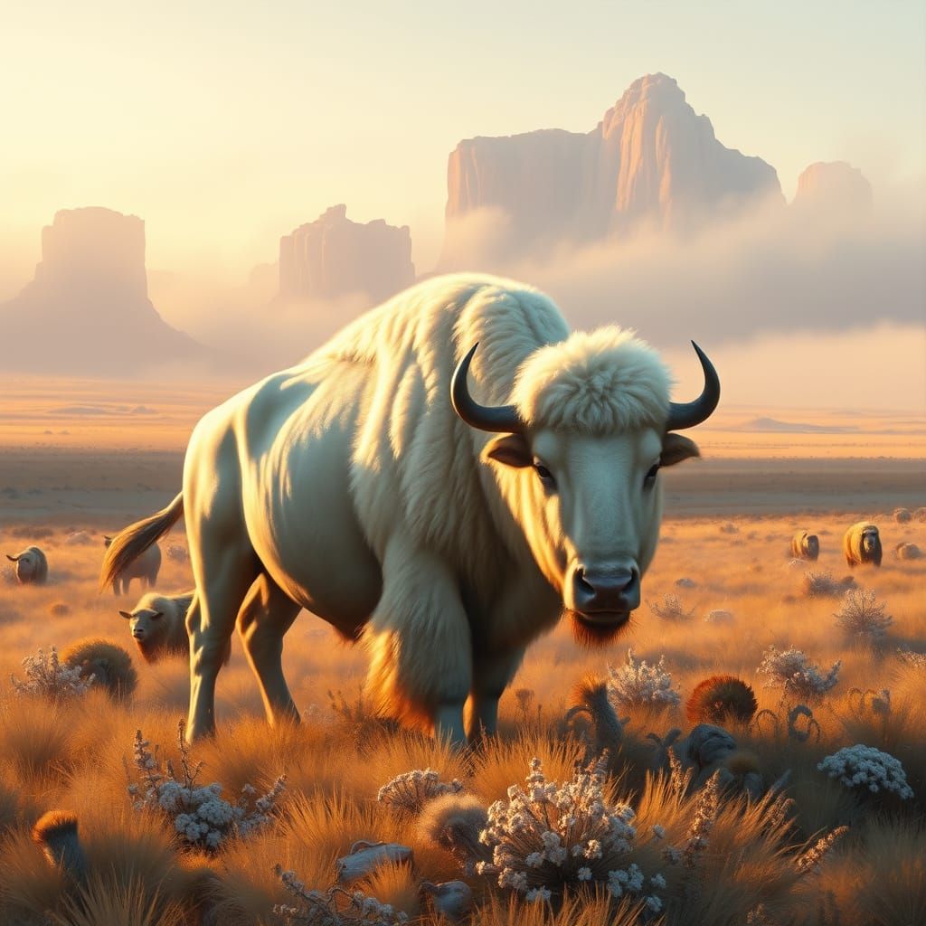 White Buffalo on Windswept Prairie in Bierstadt Style