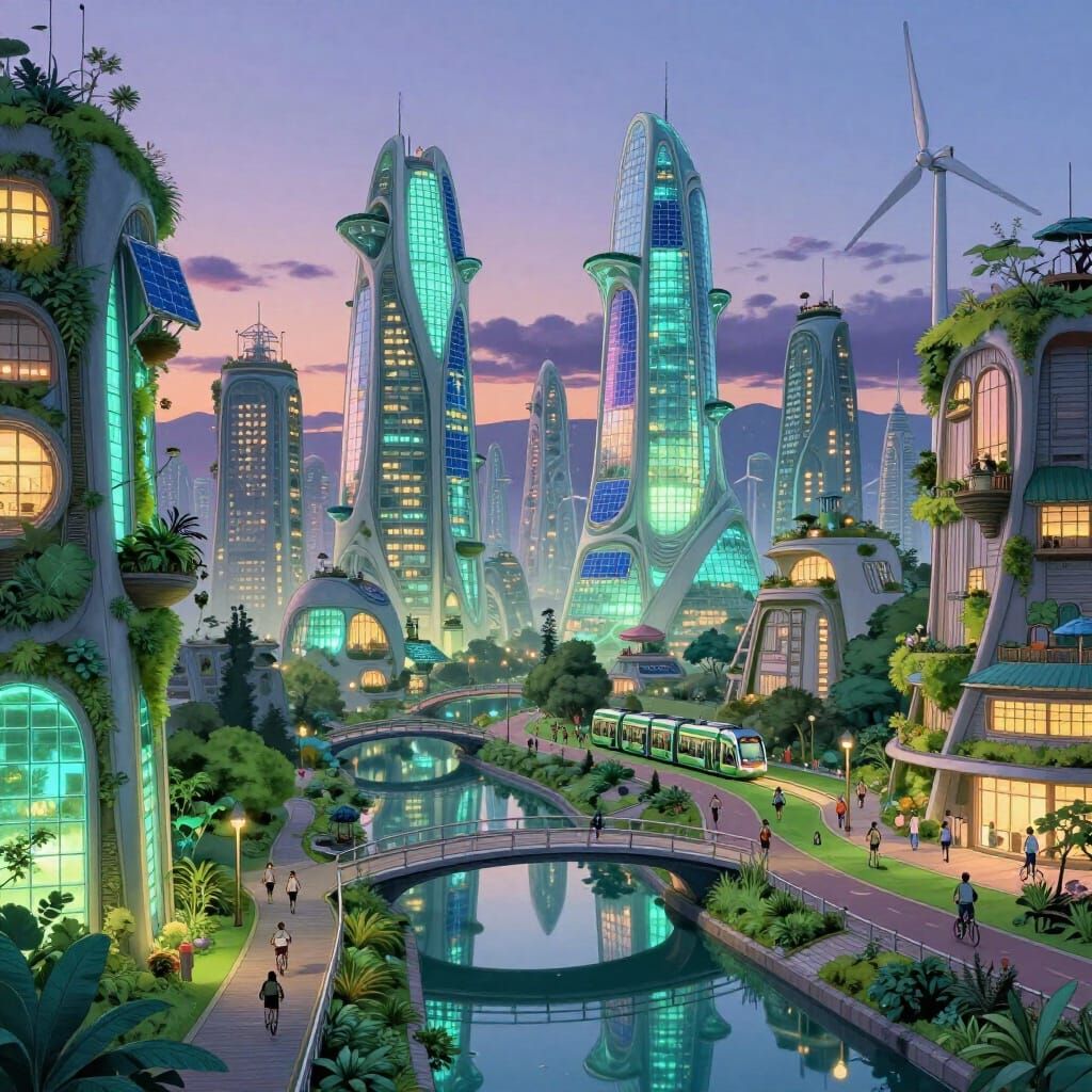 Solarpunk Eco-City at Twilight with Bio-Luminescent Canals