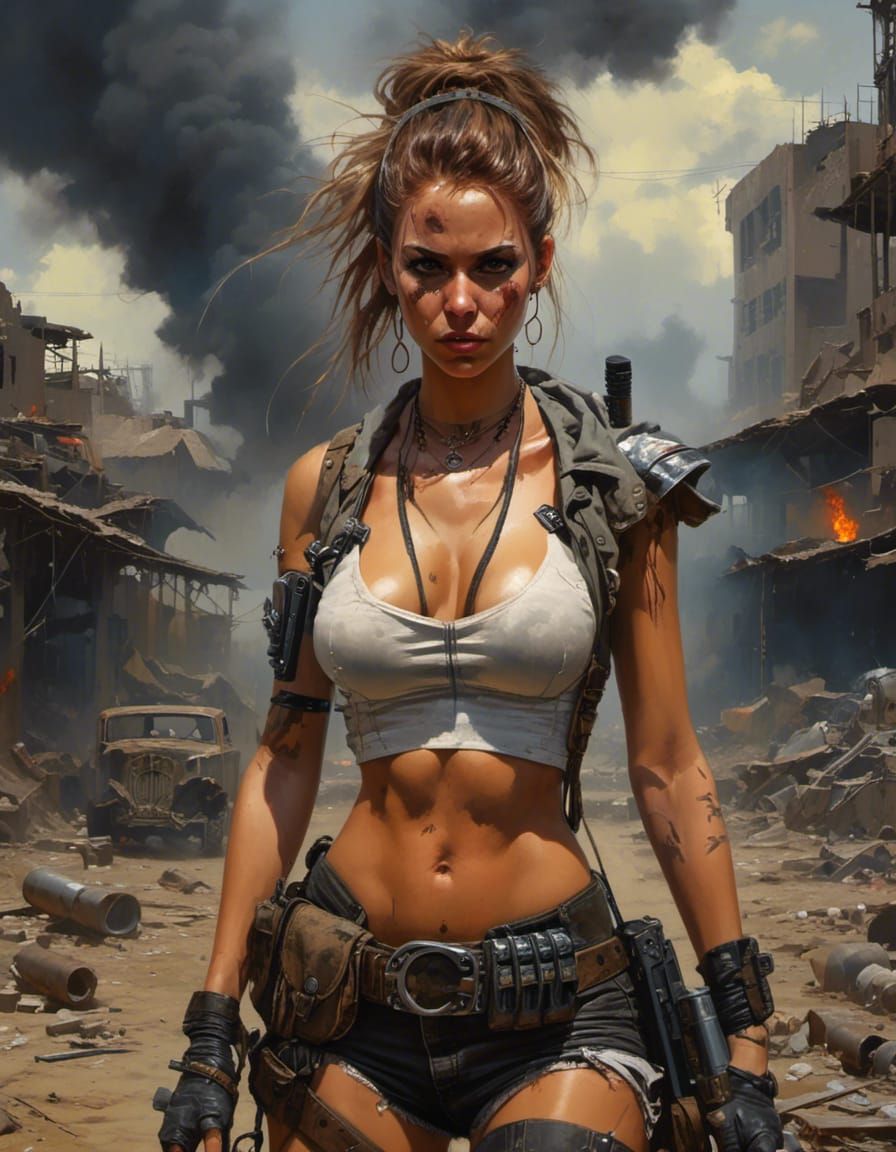 Post-Apocalyptic Girl with Revolvers, Acrylic Painting