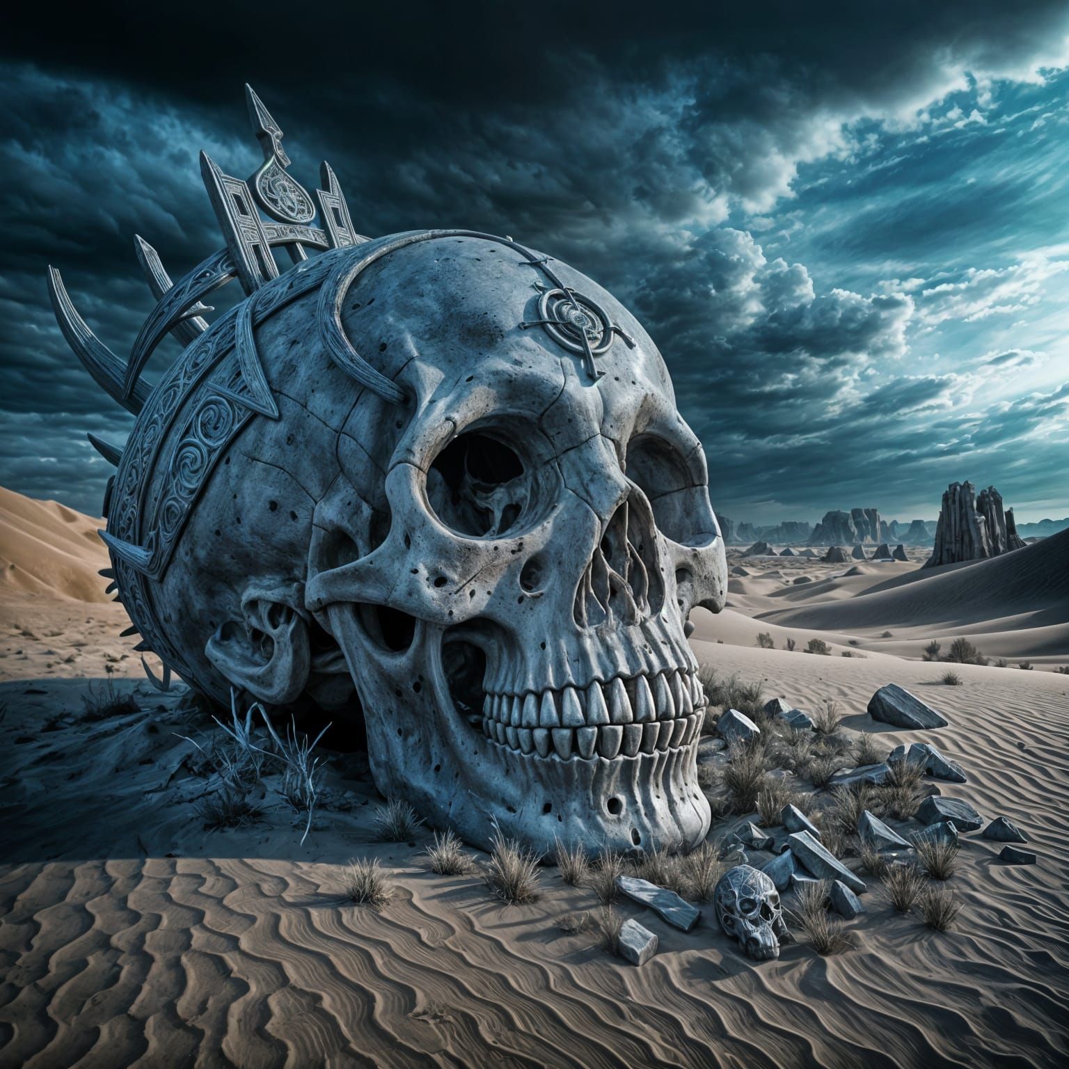 Colossal Ancient Skull in Windswept Desert