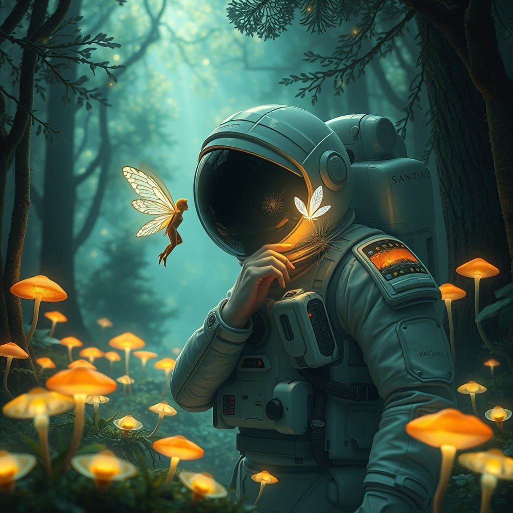 Astronaut Meets Enchanted Fairy in a Radiant Forest