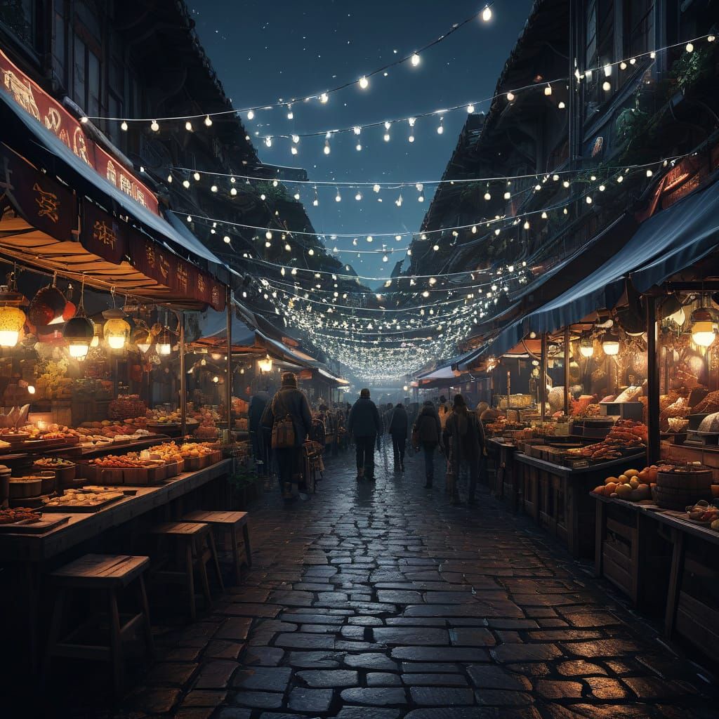 Luminous Night Market Scene in Hyperdetailed 8K Concept Art