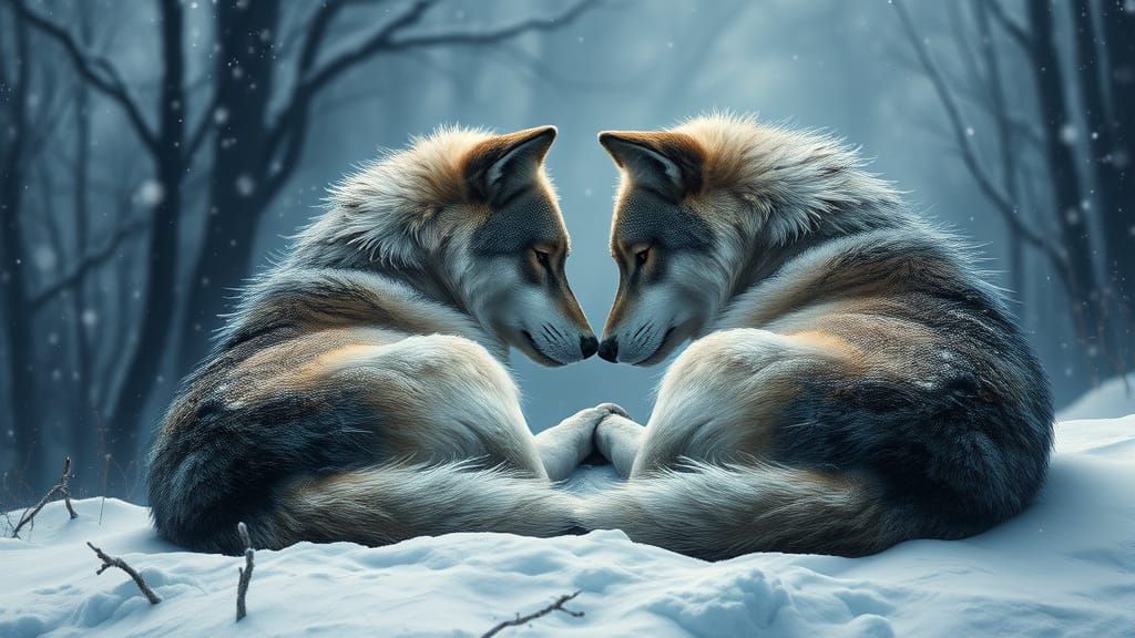 Two Wolves Together in Snow: Fantasy Artwork