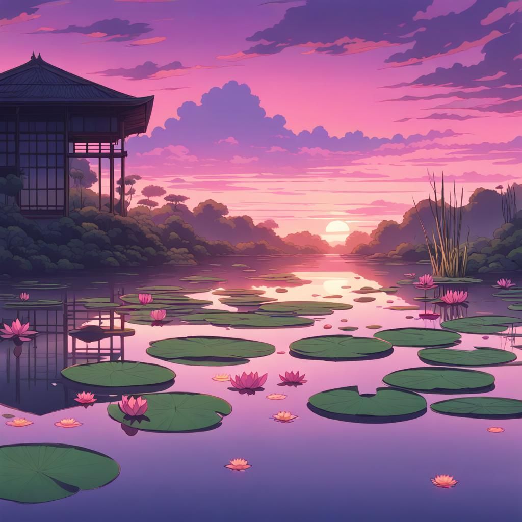 Lagoon Sunset with Lotus, Ghibli Anime Style