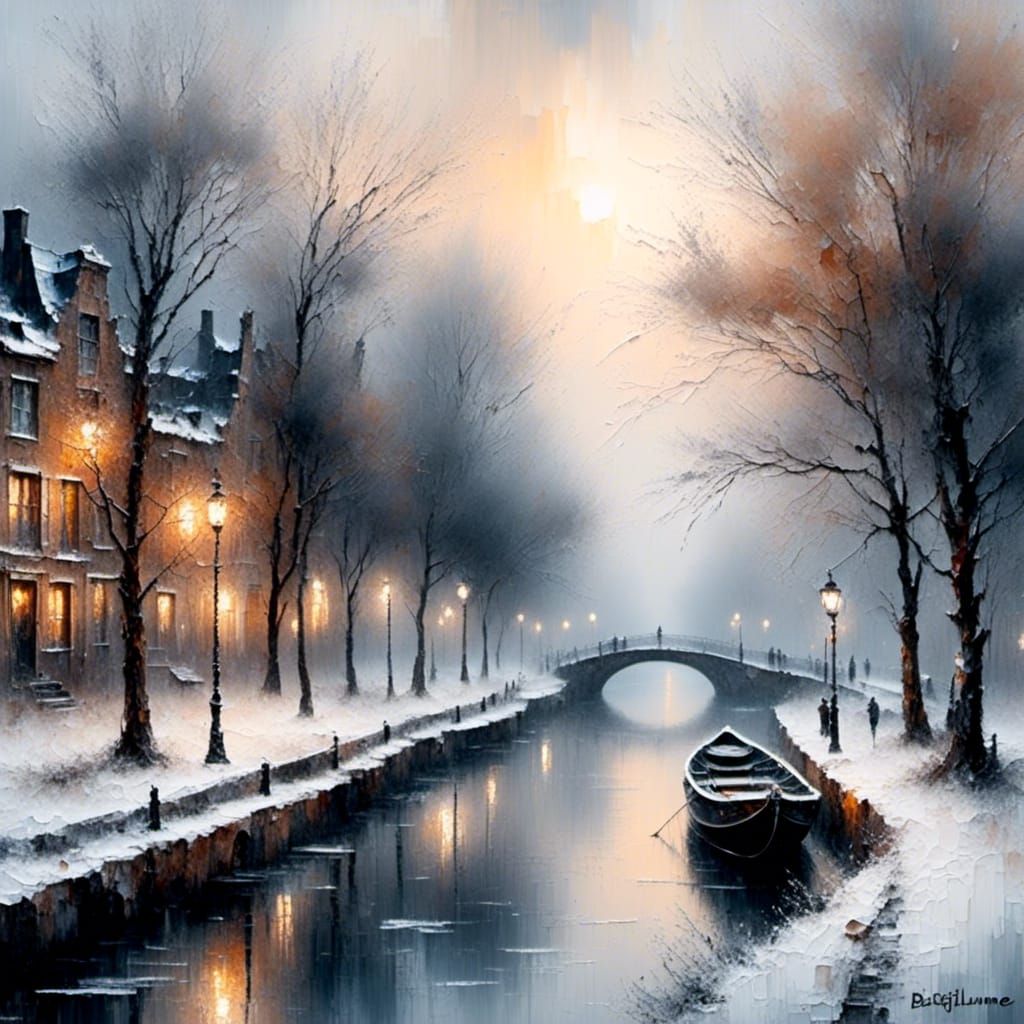 Amsterdam Canal in Winter Watercolor Painting