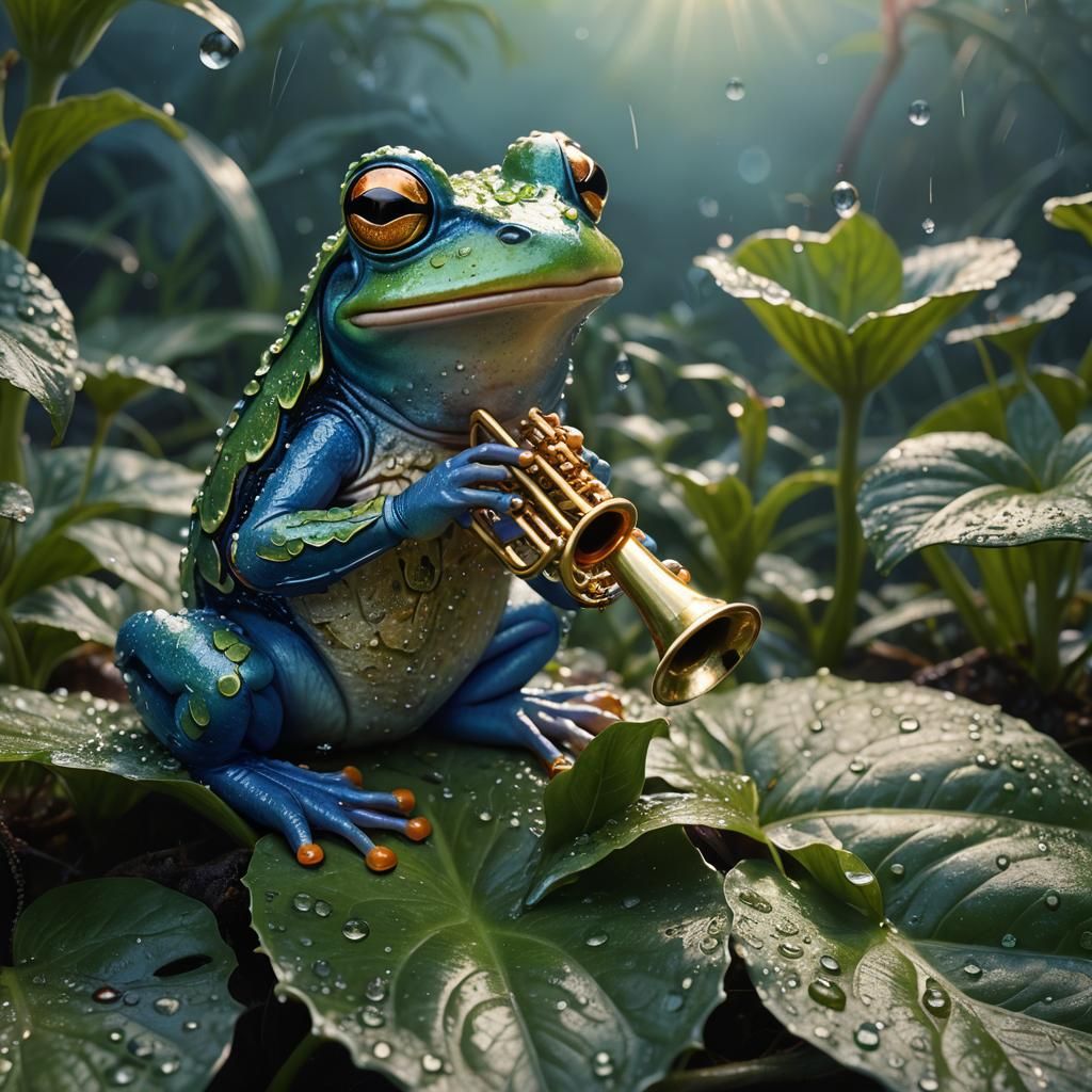 Frog Jazz Musician in a Dew-Kissed Fantasy World