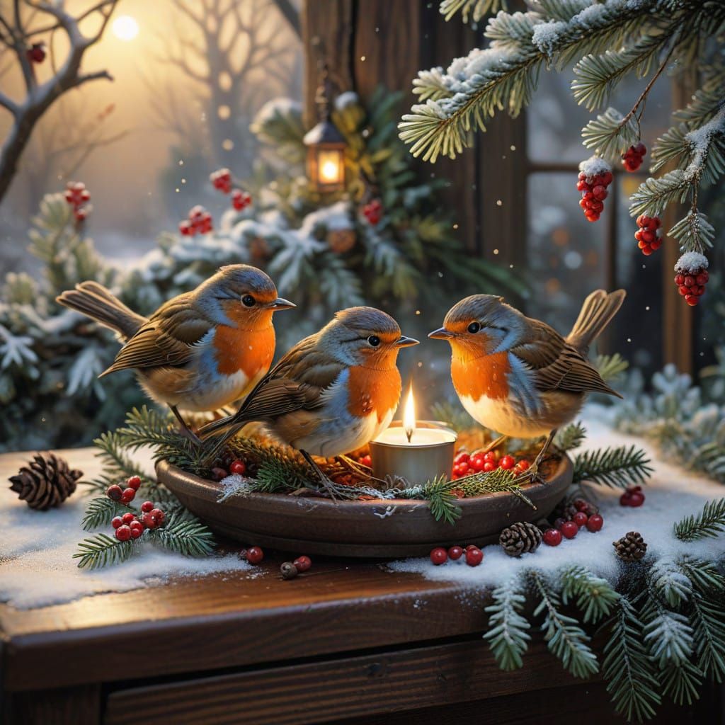Robins Gather Around a Cozy Winter Scene