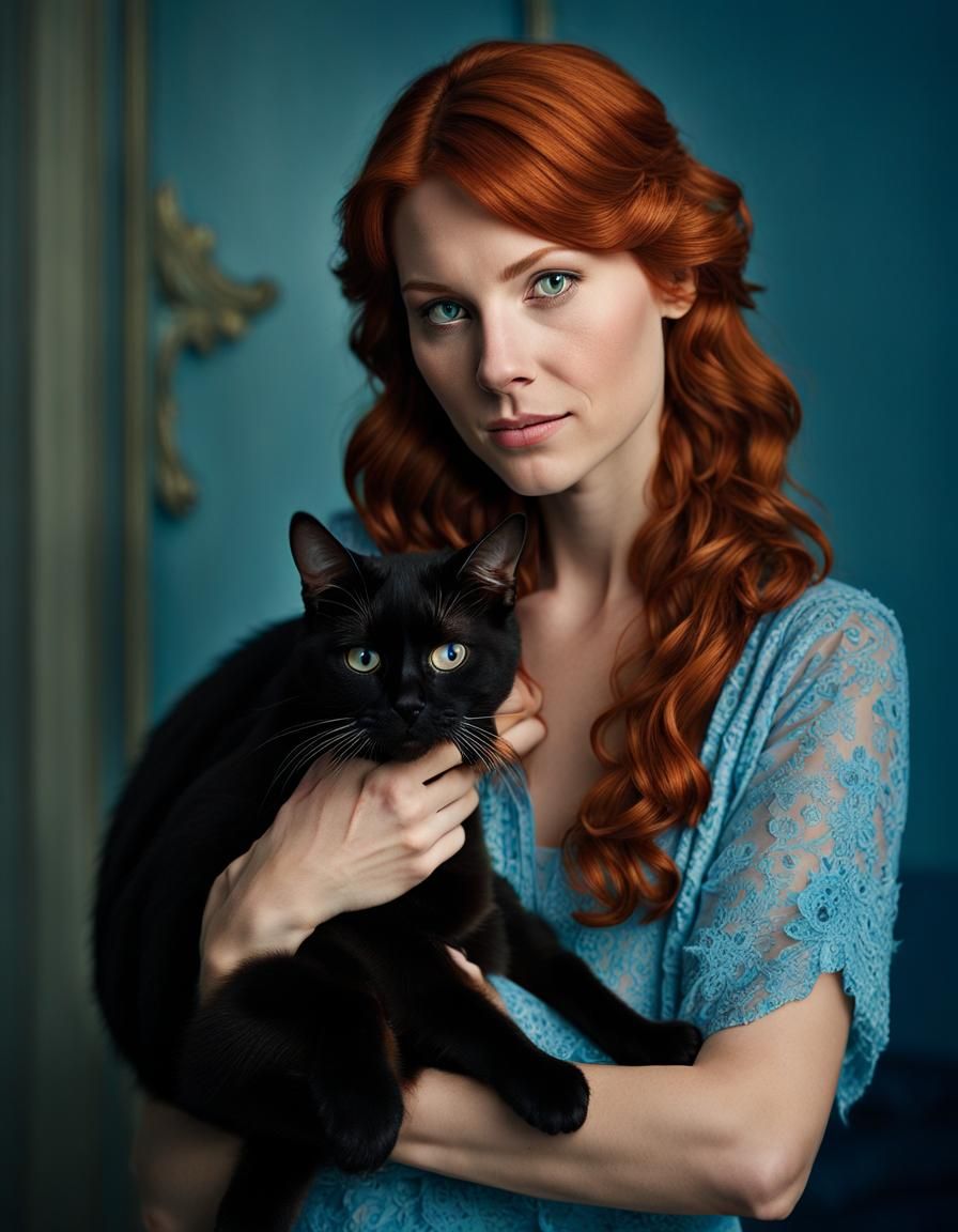 Redhead with Cat: Professional Studio Portrait