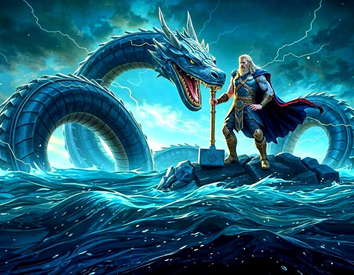 Thor Battles Jormungandr in Norse Mythology