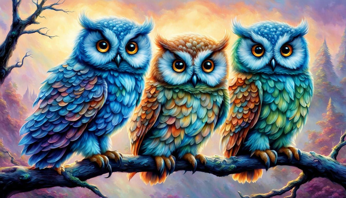 Colorful Fluffy Owls in Ethereal Fantasy Style